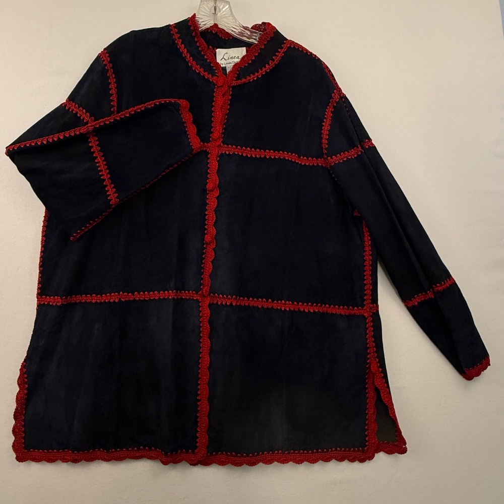 Vintage Linea by Louis Dell'Olio 100% Suede Jacket Red Trim Size 2X Navy Blue - Picture 3 of 10